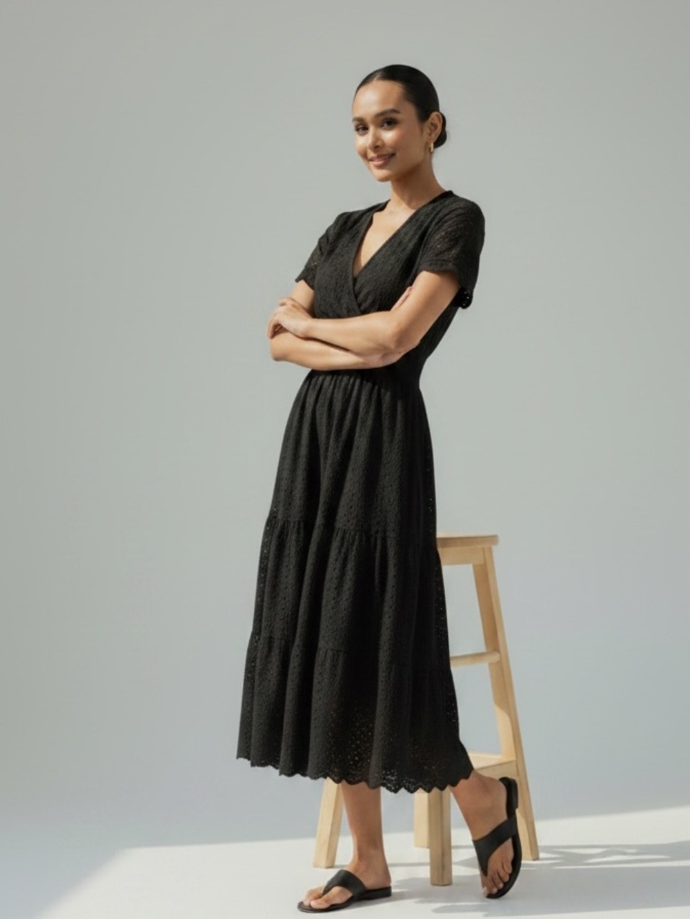 NWT Zessica Black Gorgeous Eyelet Midi Maxi Dress with V-Neck with pockets